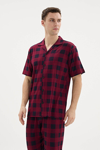 KLY Modal/Cotton New Season Checked Buttoned Collar Men's Bottom-Top Pajama Set