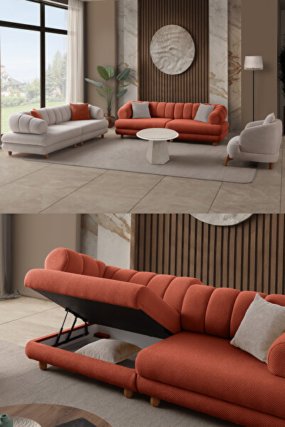 Eymense Gloria Sırt Mekanizmalı Ayrılabilir Sandıklı Koltuk Takımı 3+3+1 Kiremit