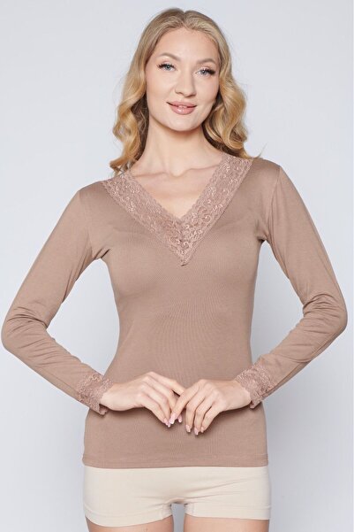 NightLove Women's Wide Lace Detailed Long Sleeve Beige Combed Cotton Bodysuit...