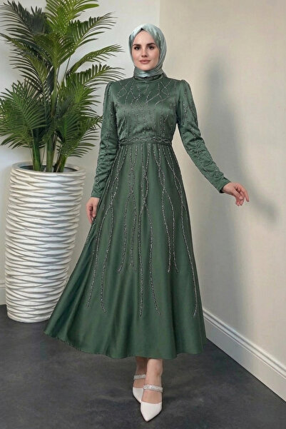 Tesettür Diyarı Amaris Βραδινό Φόρεμα Τεσσάρτο Εσάρπας από Σατέν Ύφασμα με Κο...