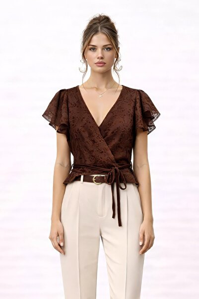 VAGGON Double-Breasted Lace Blouse with Tie Collar