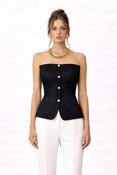 VAGGON بلوزة بدون أكتاف بأزرار وقصة غير متماثلة