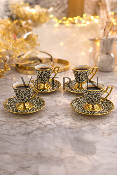 VETRİN 6'Lı Porselen Lüx Leopar Desenli Altın Yaldızlı Kahve Fincan Takımı I ...