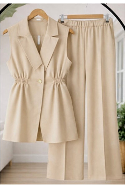 onlymoon Bej Double Krep Kumaş Yelek Pantolon Takım | Kadın Yüksek Bel | Çift...