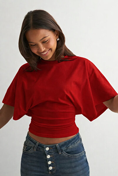 ecemore Μπλούζα με φαρδιά μανίκια που τονίζει τη μέση, κόκκινη, από φυσική βι...