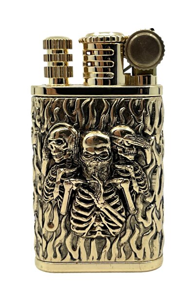 Chief Retro Gold Üç İskelet Kabartmalı Metal Çakmak - Koleksiyonluk Seri