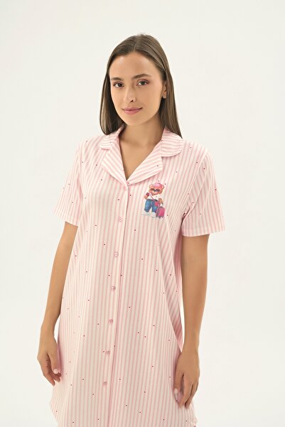 Sevim 17532 قميص نوم قصير مطبوع بأزرار للنساء