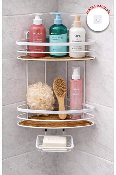 Okyanus Home Διώροφη Ξύλινη Τριγωνική Βάση για Σαμπουάν & Σαπούνι με λεπτομέρ...