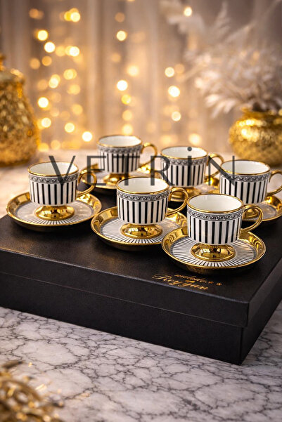 VETRİN 6'Lı Porselen Lüx Modern Altın Yaldızlı Kahve Fincan Takımı I 90 CC I