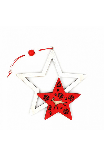 Gift Design Decorațiune din lemn - Stele albe și roșii, cerb și fulgi de zăpadă