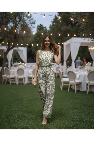 AZALEA Γυναικεία Σατέν Ολόσωμη Φόρμα Ζέβρα – Εκρού & Πράσινο