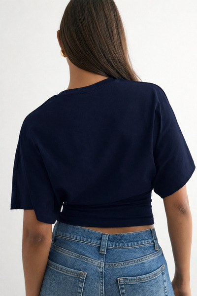 ecemore Waist-Tied Wide-Sleeved Navy Blue Natural Viscose Blouse