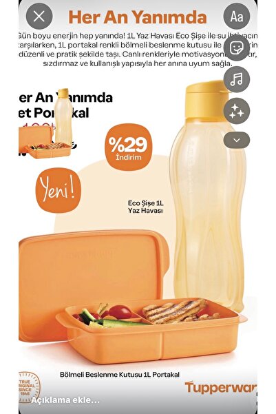Tupperware Eco Şişe 1 ltve Bölmeli beslenme 1 litre turuncu