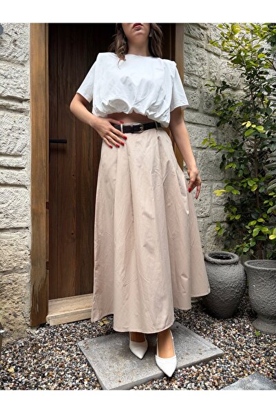 minaaise Πέτρινη γυναικεία φούστα από ποπλίνα σε γραμμή Α, πλισέ και με ζώνη ...