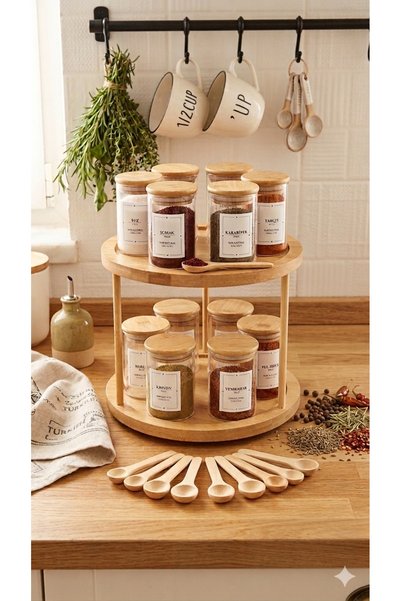 Durina Living Set of 12 Spice Containers with Rotating Stand, 200 ml Glass Jars, Vacuum Lids, Wooden Spoons, and Labels