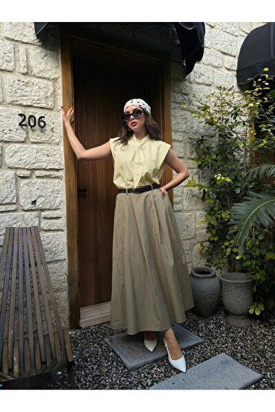 minaaise Χακί Γυναικεία Φούστα Ποπλίνα Α γραμμής Α με Πλισέ και Ζώνη 31070