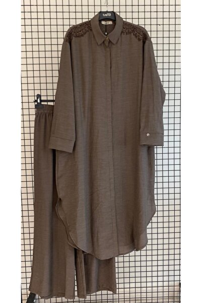 Armine Trend Omuz ve Sırt İşlemeli Oversize Keten Kumaş 120 cm Boydan İkili T...