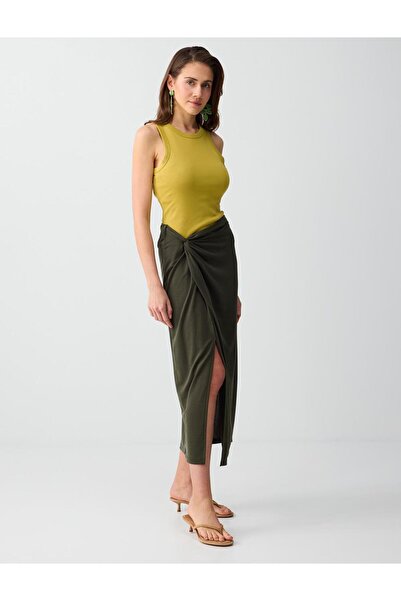 Jimmy Key Χακί Πλεκτή Μίντι Φούστα με Κανονική Μέση και Λεπτομέρεια Σκίσιμο, ...