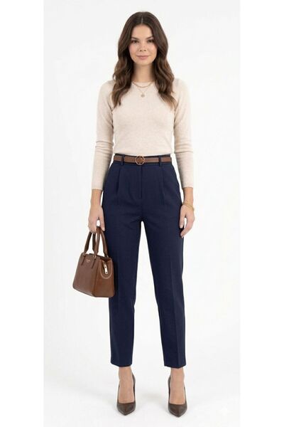 mor butik Women's Navy Blue Narrow Leg Pleated Belted Seasonal Fabric Trousers