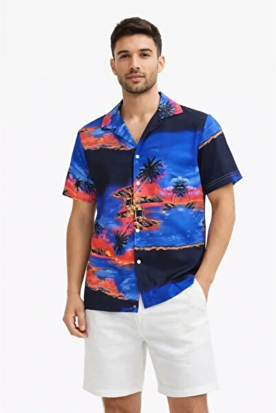 özssa Men's Tropical Island Landscape Patterned Short Sleeve Shirt Hawaiian S...