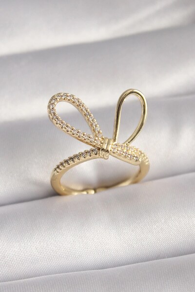TakÇalıştır Gold Color Zircon Stone Knot Model Women's Ring