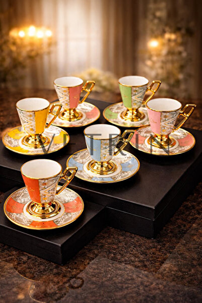 VETRİN 6'Lı Porselen Lüx Modern Altın Yaldızlı Kahve Fincan Takımı I 90 CC I