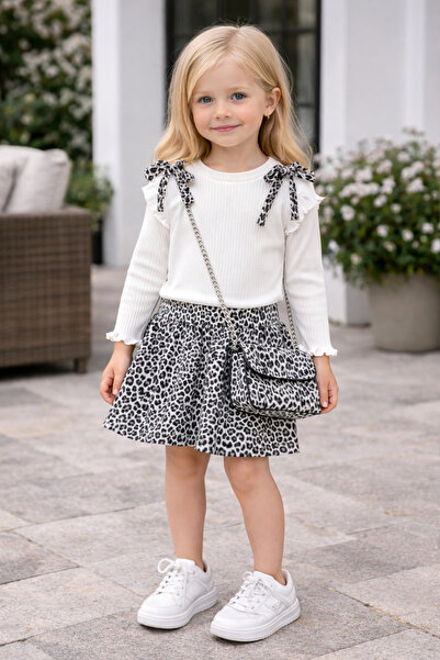 Womi Kids Girl's Leopard Patterned Skirt and Shoulder Bow Detailed Bag Set