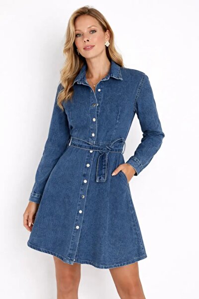 Cool & Sexy Φόρεμα πουκάμισο από τζιν με κουμπιά και λεπτομέρεια στη ζώνη