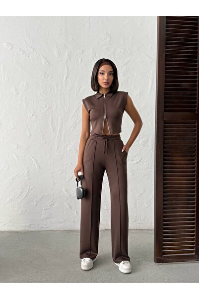 BELISTIL Women's Zipper Crop Double Set High Waist Wide Leg Pants Stylish Set