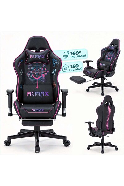 Timebox Scaun de gaming 160 °   Suport pentru picioare rabatabil, tetieră și ...