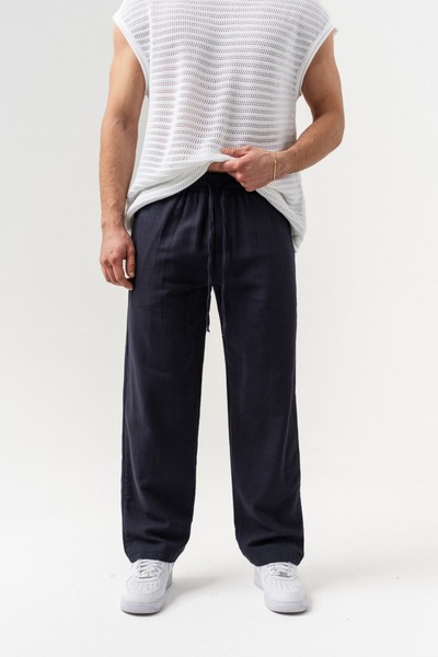 go gang own Breeze Basic Linen Fabric Trousers with Elastic Waist