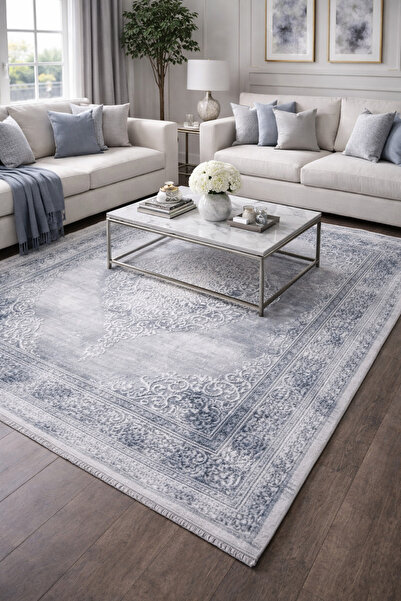 Gri Renk Mavi Çerçeveli Klasik Stil Artemis Dior 05860A Salon Halısı