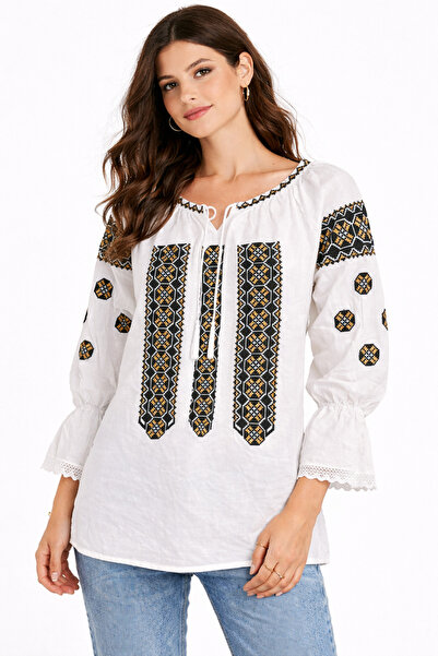 Nobrand Παραδοσιακό Λευκό Φόρεμα, Μαύρο & Χρυσό Κέντημα, Μανίκι 3/4, Κομψό Ρο...