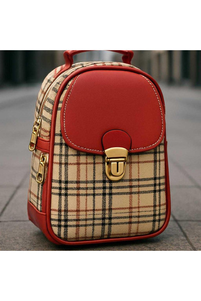AFY Ghiozdan damă tartan cu accente roșii – compact, chic și practic