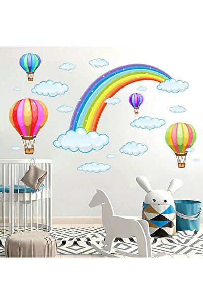 LUXER Αυτοκόλλητο τοίχου για παιδιά, Παστέλ Ουράνιο Τόξο και Αερόστατα, Αυτοκ...
