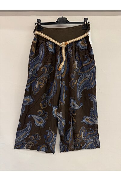 della moor Γυναικείο καφέ ιταλικό λινό παντελόνι με ελαστική μέση και έθνικ σ...