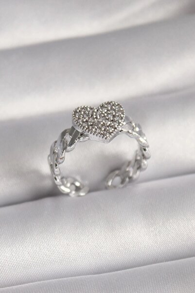 TakÇalıştır Brass Silver Color Zircon Stone Heart Model Women's Ring
