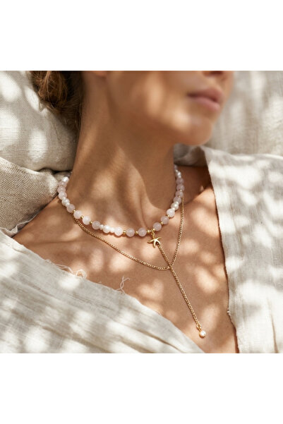 Ezera Πολύσειρο κολιέ από ροζ χαλαζία, καλλιεργημένα μαργαριτάρια και επιχρυσ...