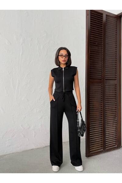 BELISTIL Women's Zipper Crop Double Set High Waist Wide Leg Pants Stylish Set