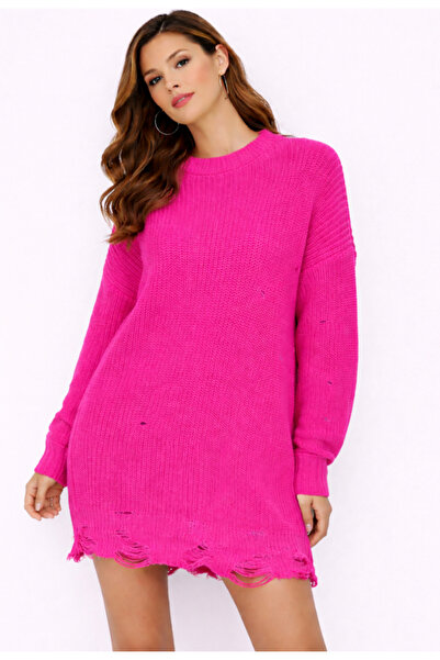 Nobrand Oversized Fuchsia Neon Sweater Dress with Destroyed Effect