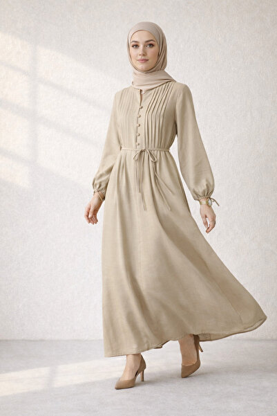 Kirazgym Half-Buttoned, Pleated, Belted Long Dress - Beige