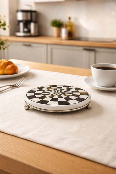 ferayhome Nihale Çaydanlık Tava Altlığı Siyah Damalı GÜMÜŞ - Feray Home