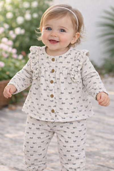 Bilge Trend Baby Girl, Children's Muslin, Ruffled Front Buttoned 2-Piece Cott...