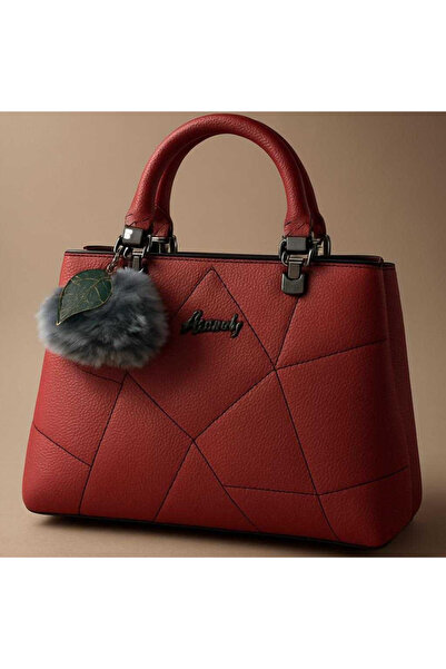 AFY Κόκκινη γυναικεία τσάντα με γεωμετρικό σχέδιο και φουσκωτό μπρελόκ - μοντ...