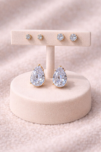 Sylvera Shop Sparkling Drop and Stone Earring Set – Combination Set (Gold Color)