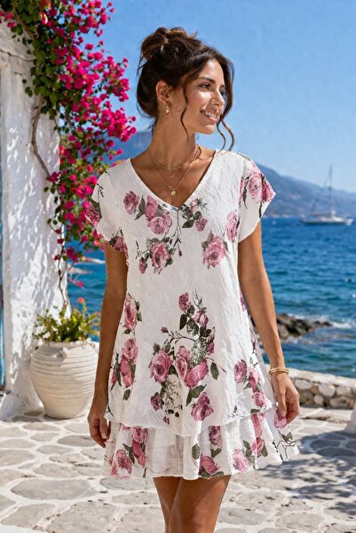 yb yağmur butik Εισαγόμενο βαμβακερό φόρεμα με σχέδιο τριαντάφυλλου και κοφτέ...