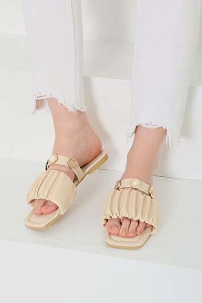 TOFİSA Γυναικείες Κρεμ Παντόφλες με Κορδόνια και Πέρλες - 27110