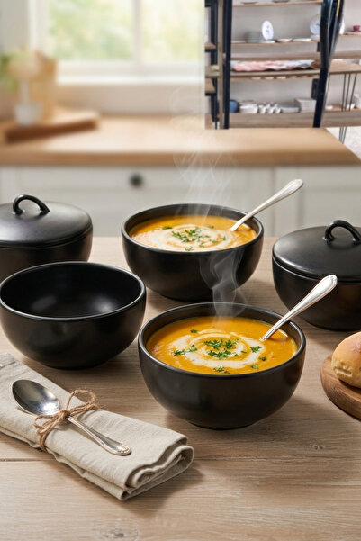 Keramika Soup Bowl with Lid Matte Black 12 cm 6 Pieces