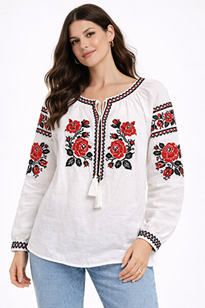 Nobrand Παραδοσιακό Λευκό Φόρεμα με Κόκκινο και Μαύρο Φλοράλ Κέντημα, Μακρυμά...