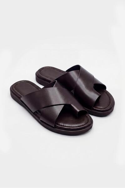 GIESTO Cross-Band Leather Brown Slippers
